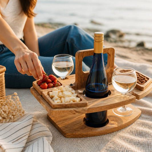 Portable Picnic Table Stable Bottle & Glass Holders Snack Bowls