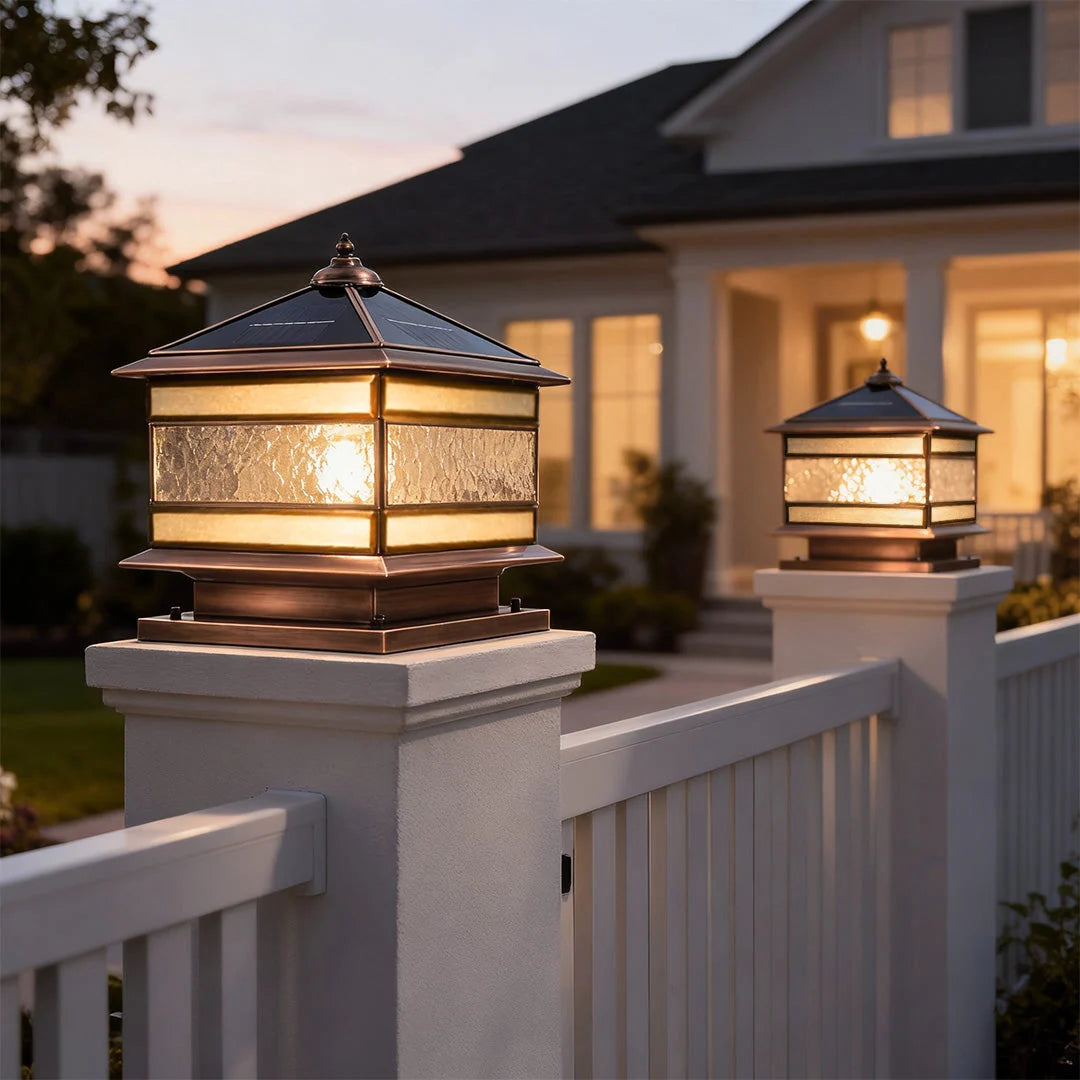 Post Light Solar or Hardwired Brass Clear Glass