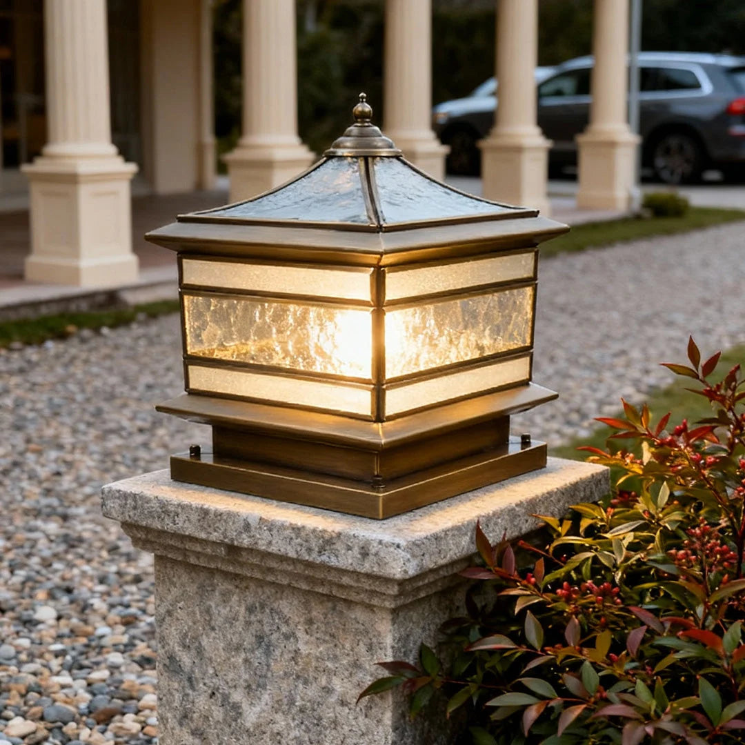 Post Light Solar or Hardwired Brass Clear Glass