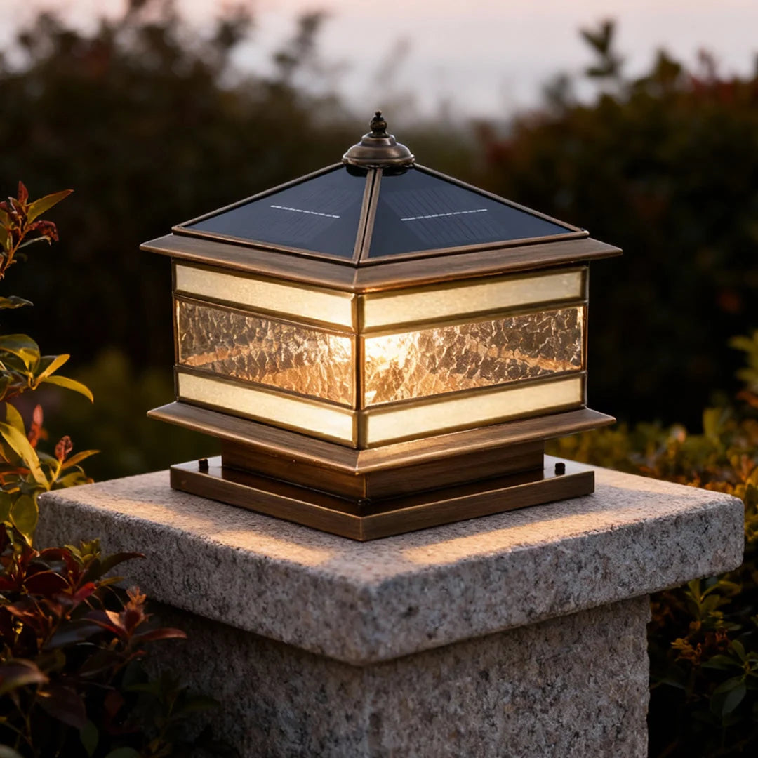 Post Light Solar or Hardwired Brass Clear Glass