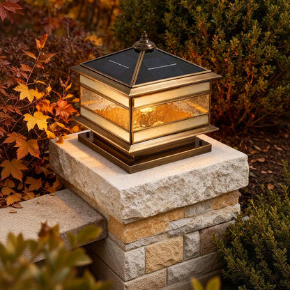 Post Light Solar or Hardwired Brass Clear Glass