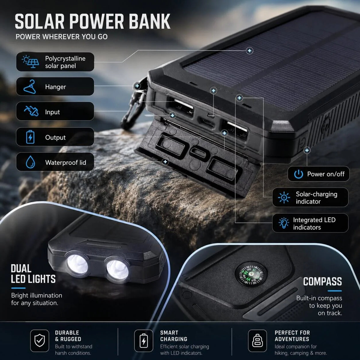 Power Bank 20000mAh Solar Dual USB & LED Torch
