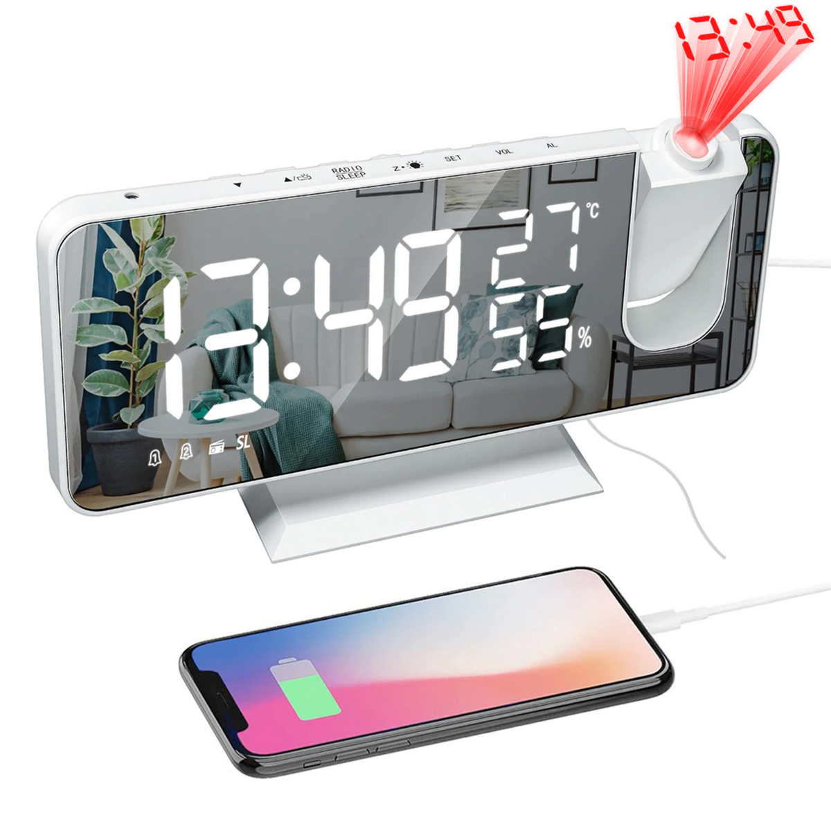 Projection Alarm Clock LED Mirror Display & Rotatable Projector