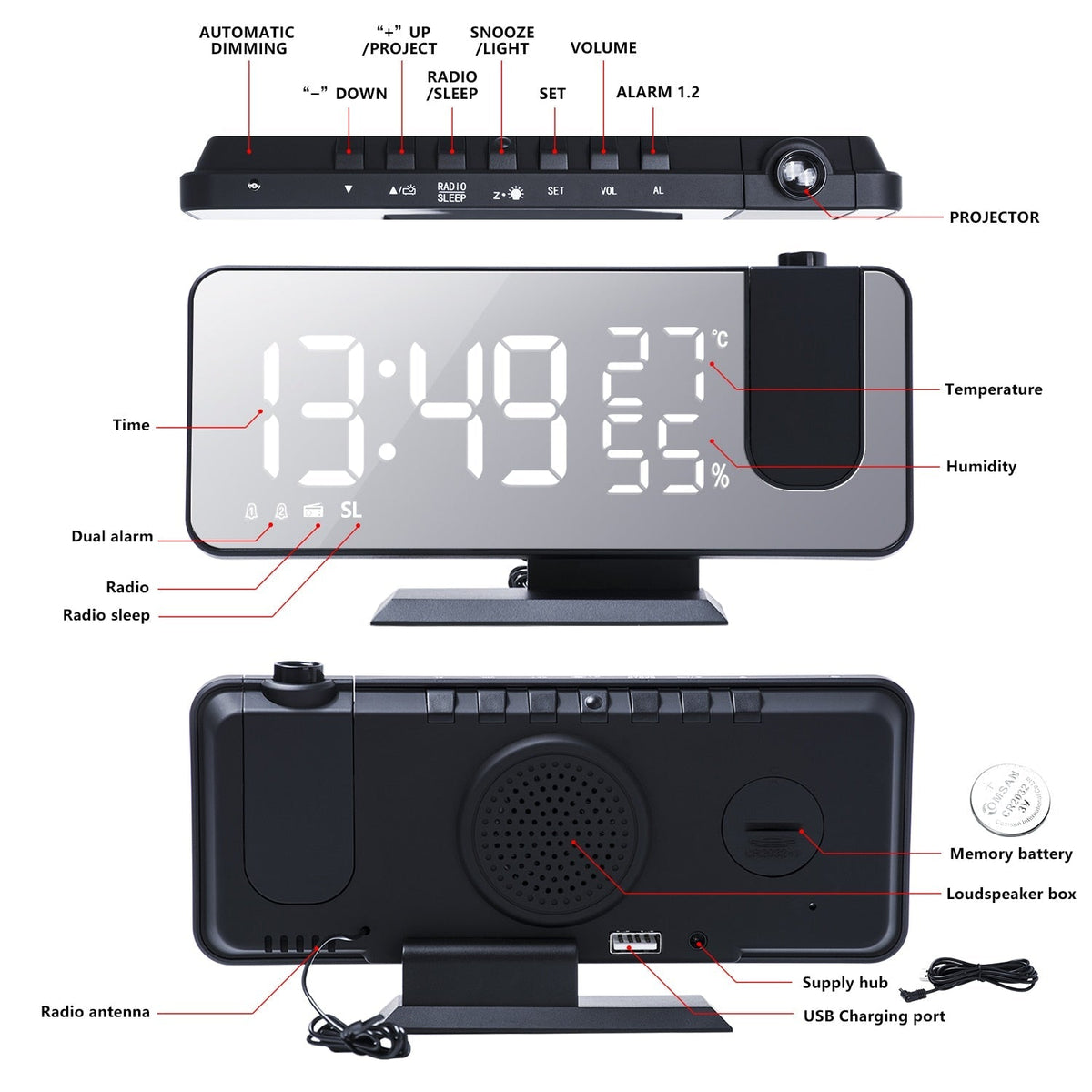 Projection Alarm Clock LED Mirror Display & Rotatable Projector
