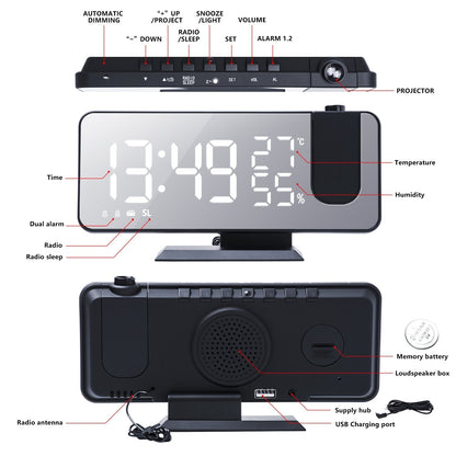 Projection Alarm Clock LED Mirror Display & Rotatable Projector