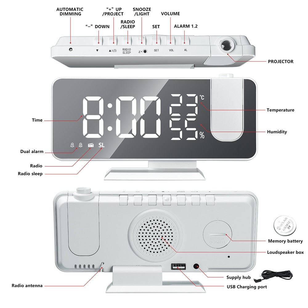 Projection Alarm Clock LED Mirror Display & Rotatable Projector