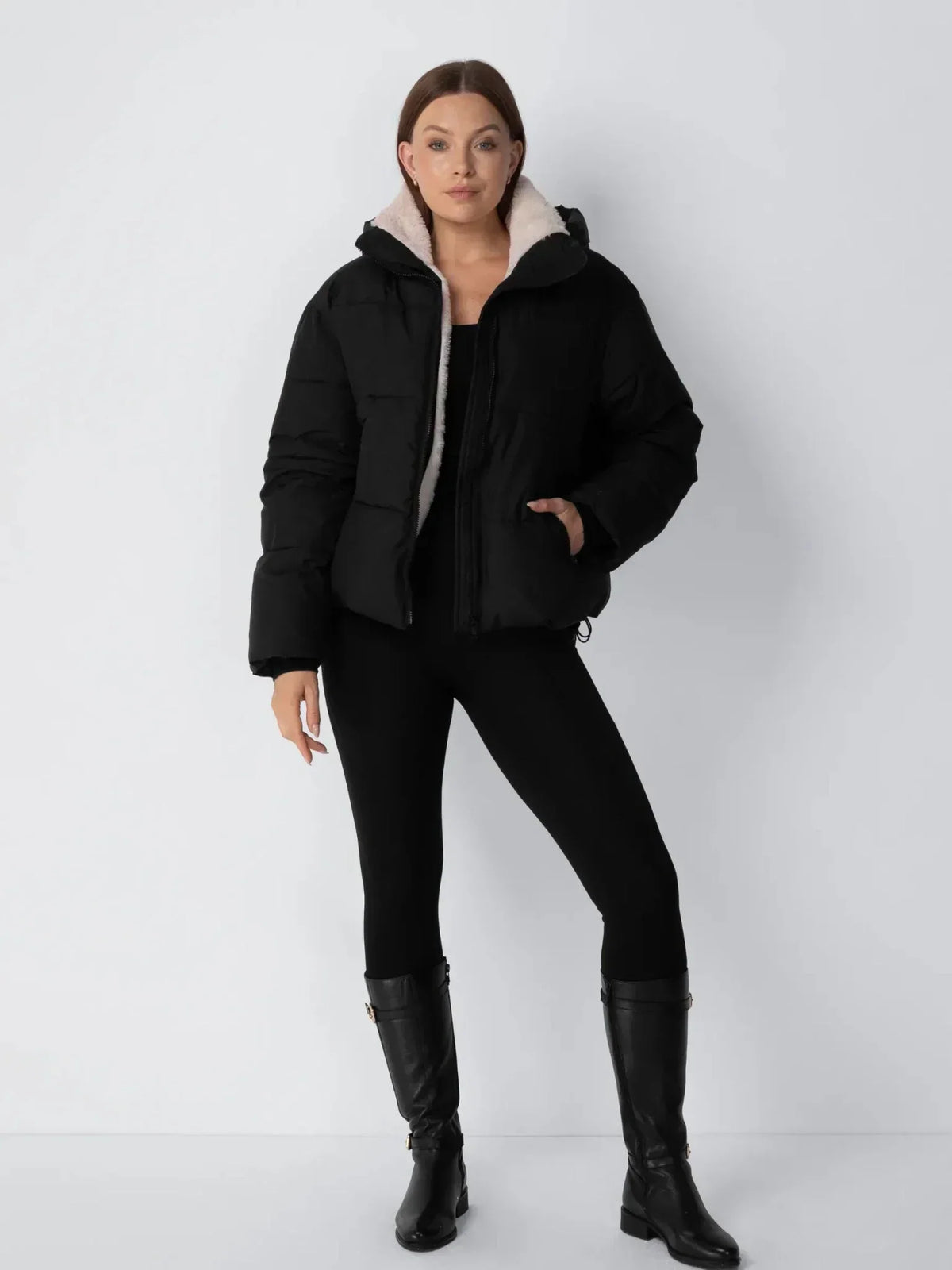 Puffer Jacket Cropped Quilted Detachable Hood Faux Fur Lined