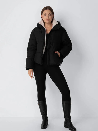 Puffer Jacket Cropped Quilted Detachable Hood Faux Fur Lined