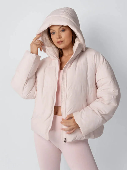 Puffer Jacket Cropped Quilted Detachable Hood Faux Fur Lined