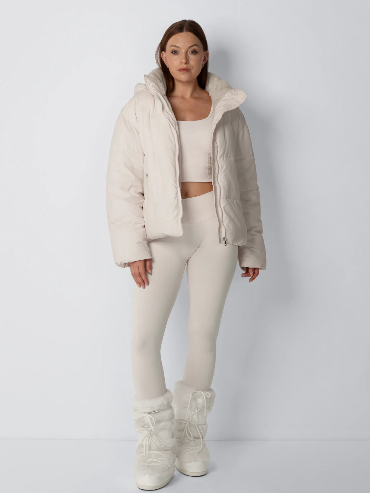 Puffer Jacket Cropped Quilted Detachable Hood Faux Fur Lined