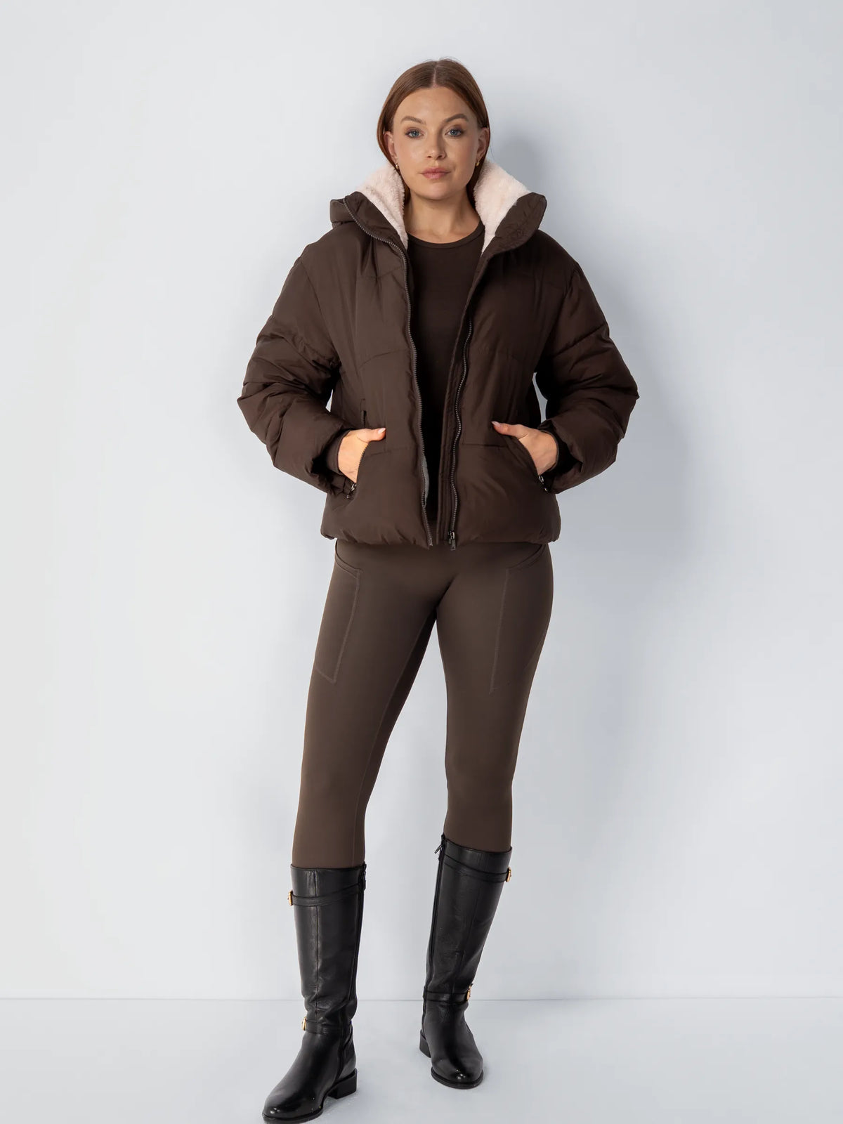 Puffer Jacket Cropped Quilted Detachable Hood Faux Fur Lined