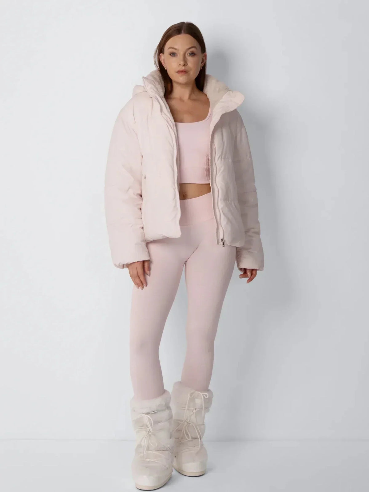 Puffer Jacket Cropped Quilted Detachable Hood Faux Fur Lined