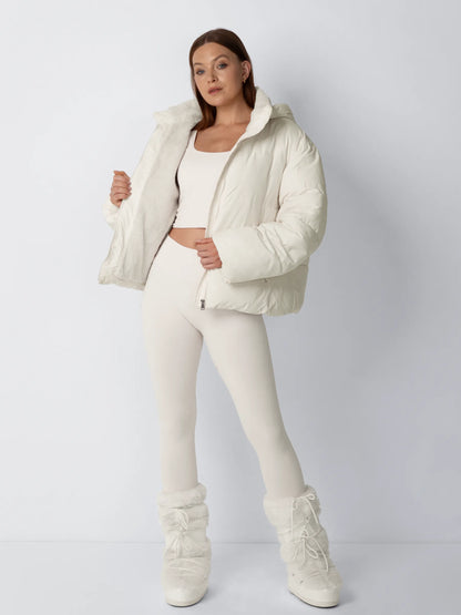 Puffer Jacket Cropped Quilted Detachable Hood Faux Fur Lined