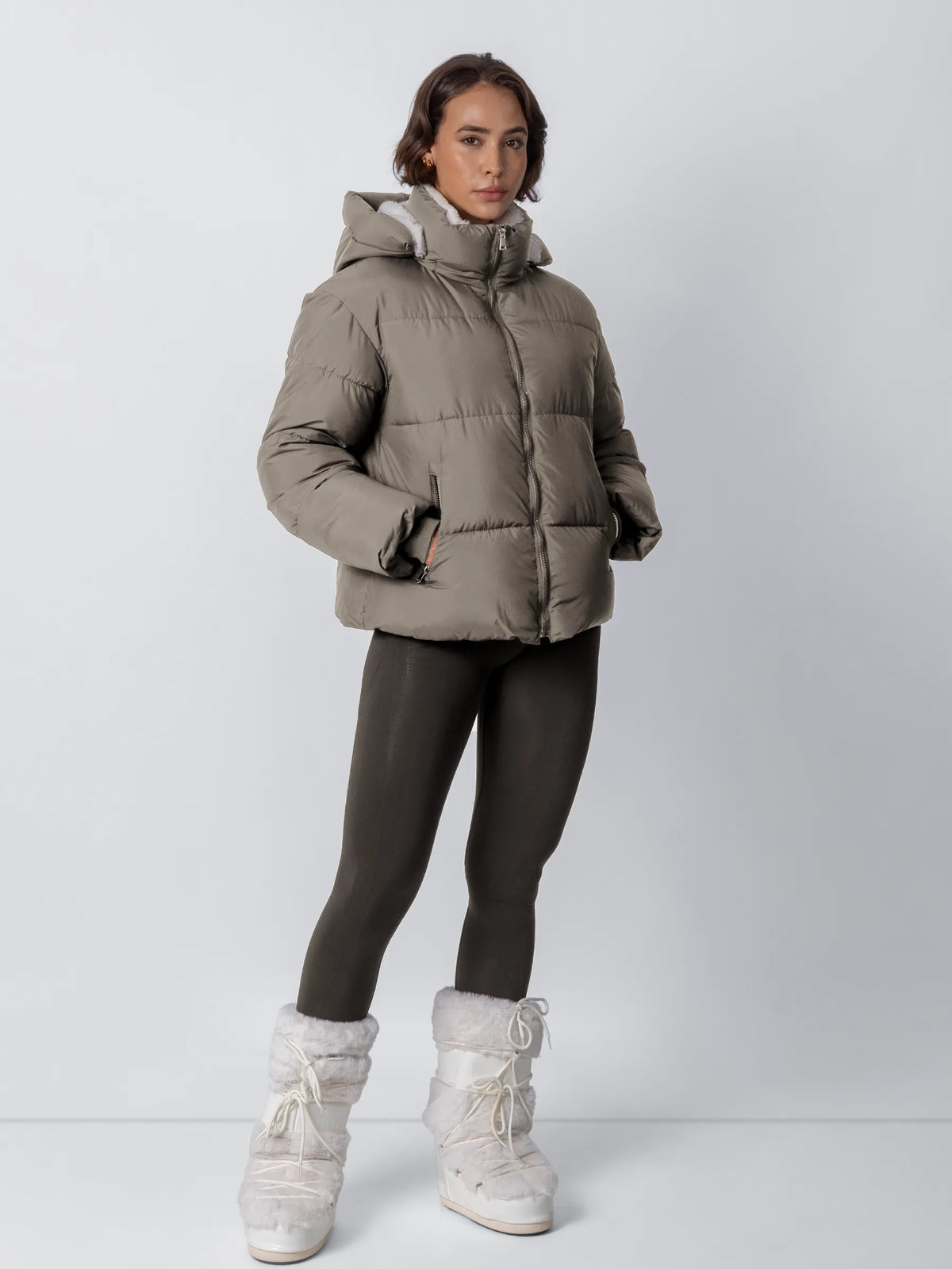 Puffer Jacket Cropped Quilted Detachable Hood Faux Fur Lined