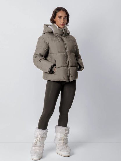 Puffer Jacket Cropped Quilted Detachable Hood Faux Fur Lined