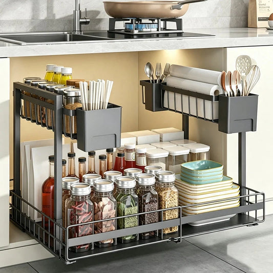 Pull-Out Cabinet Organizer L-Shaped Two-Tier Smooth Sliding