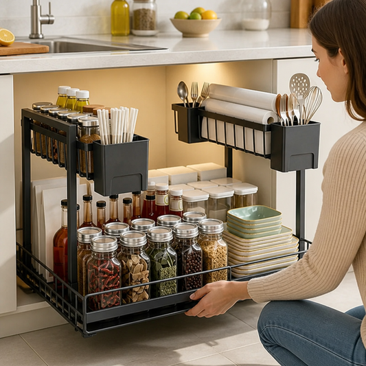 Pull-Out Cabinet Organizer L-Shaped Two-Tier Smooth Sliding