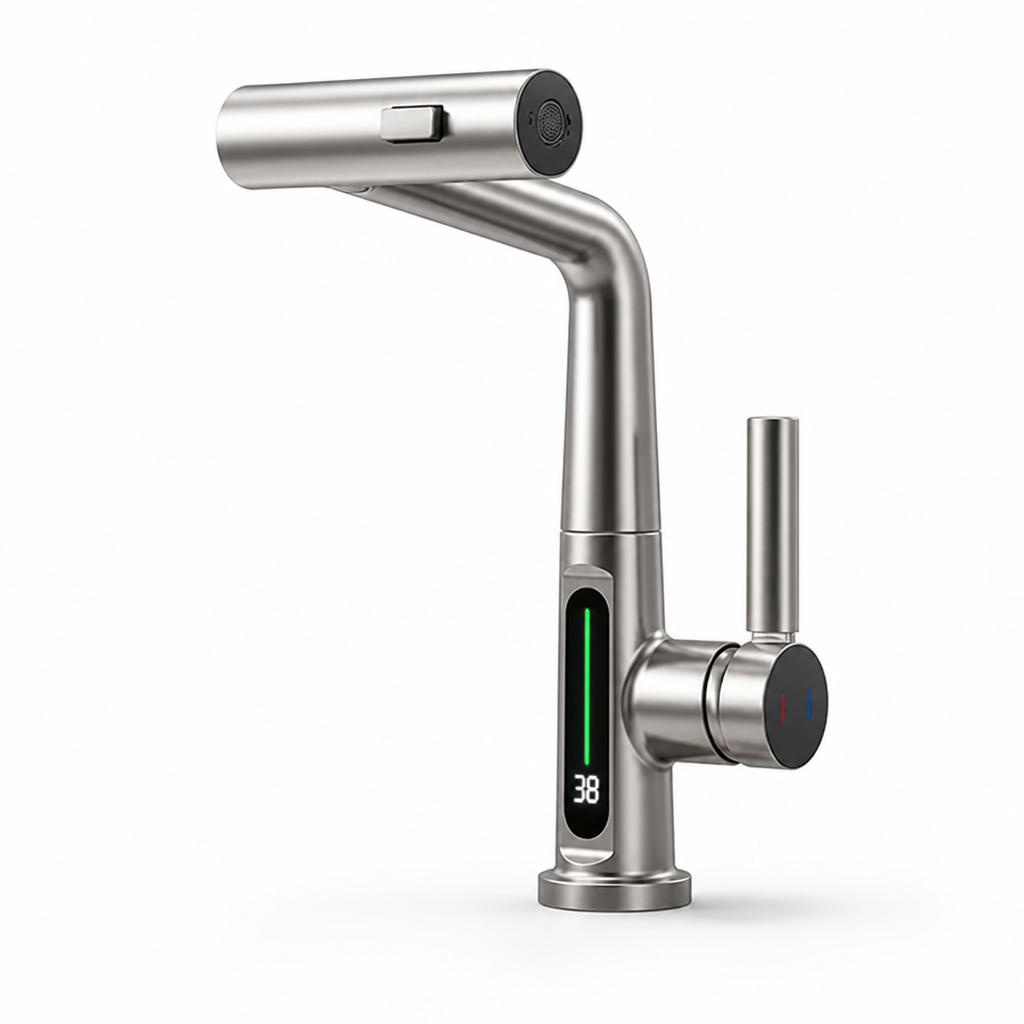 Pull-Out Kitchen Faucet LED Display 5 Spray Modes