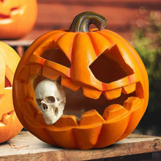 Pumpkin Decoration Carved Skull & Weather-Resistant Resin