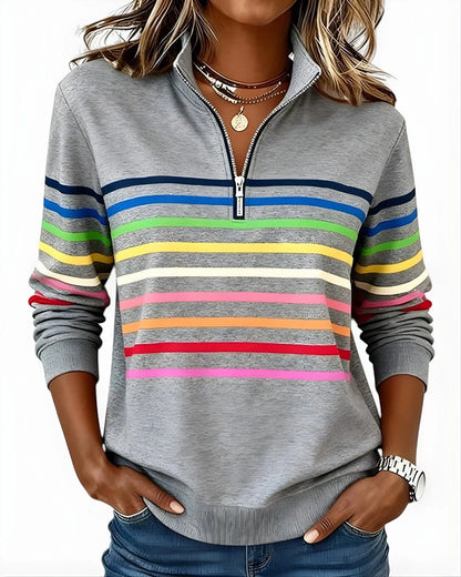 Quarter-Zip Sweater Rainbow Stripes Ribbed Cuffs & Hem