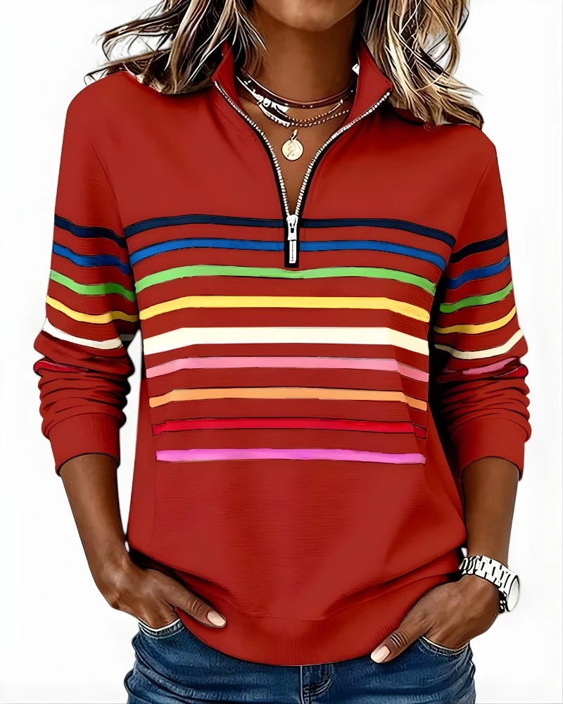 Quarter-Zip Sweater Rainbow Stripes Ribbed Cuffs & Hem