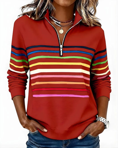 Quarter-Zip Sweater Rainbow Stripes Ribbed Cuffs & Hem