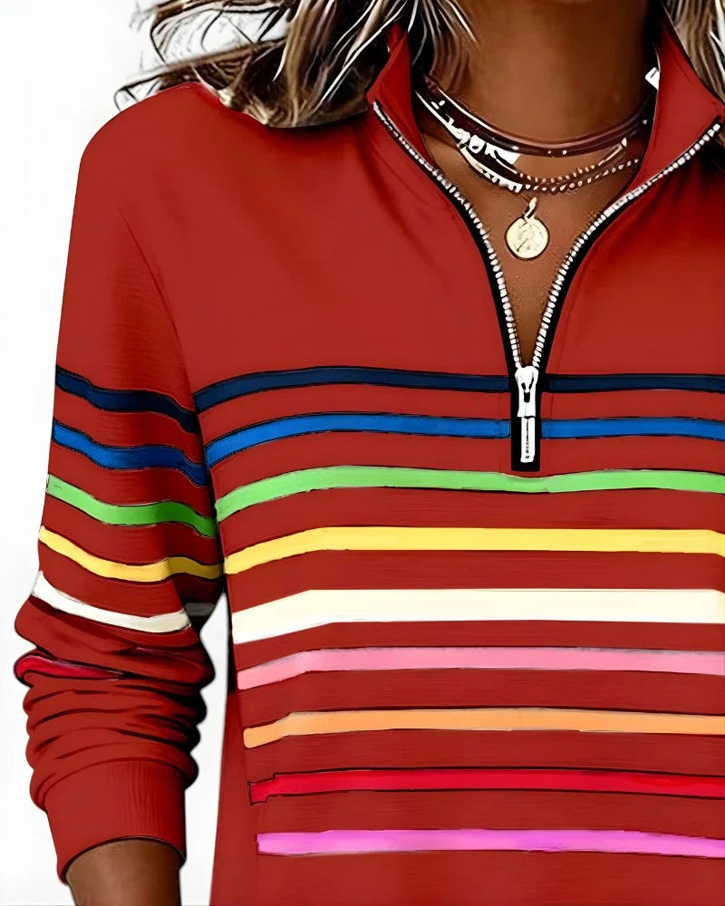 Quarter-Zip Sweater Rainbow Stripes Ribbed Cuffs & Hem