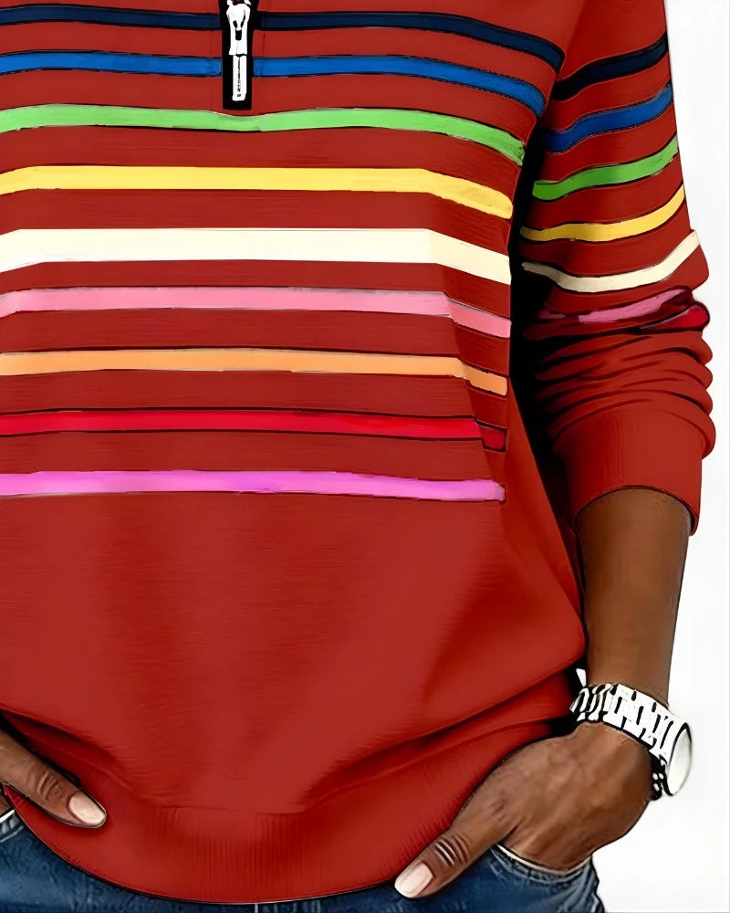 Quarter-Zip Sweater Rainbow Stripes Ribbed Cuffs & Hem