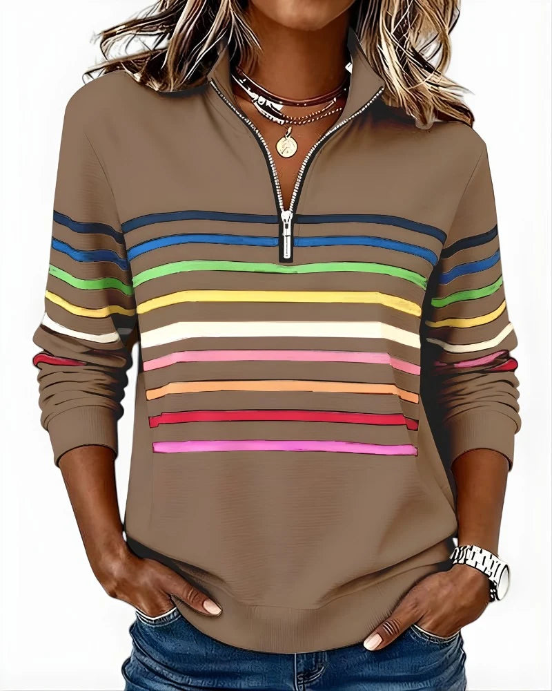 Quarter-Zip Sweater Rainbow Stripes Ribbed Cuffs & Hem