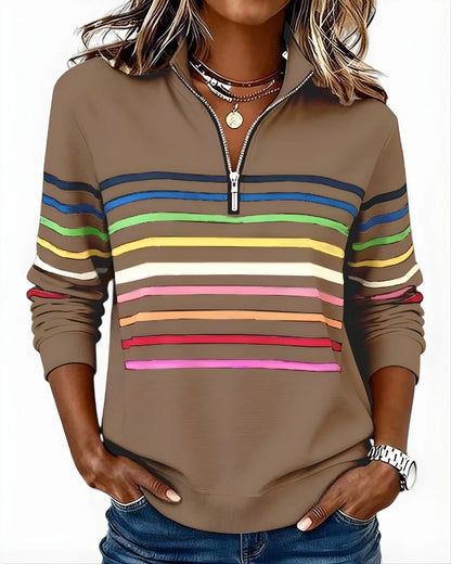 Quarter-Zip Sweater Rainbow Stripes Ribbed Cuffs & Hem