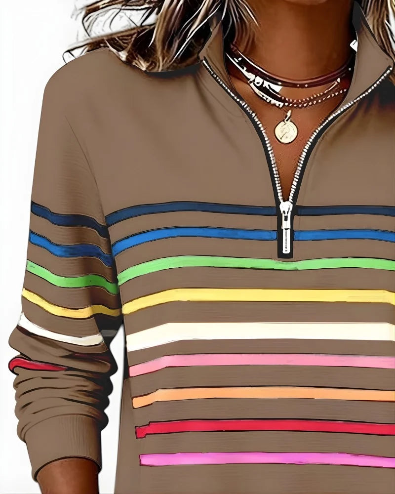 Quarter-Zip Sweater Rainbow Stripes Ribbed Cuffs & Hem