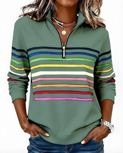 Quarter-Zip Sweater Rainbow Stripes Ribbed Cuffs & Hem