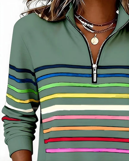 Quarter-Zip Sweater Rainbow Stripes Ribbed Cuffs & Hem