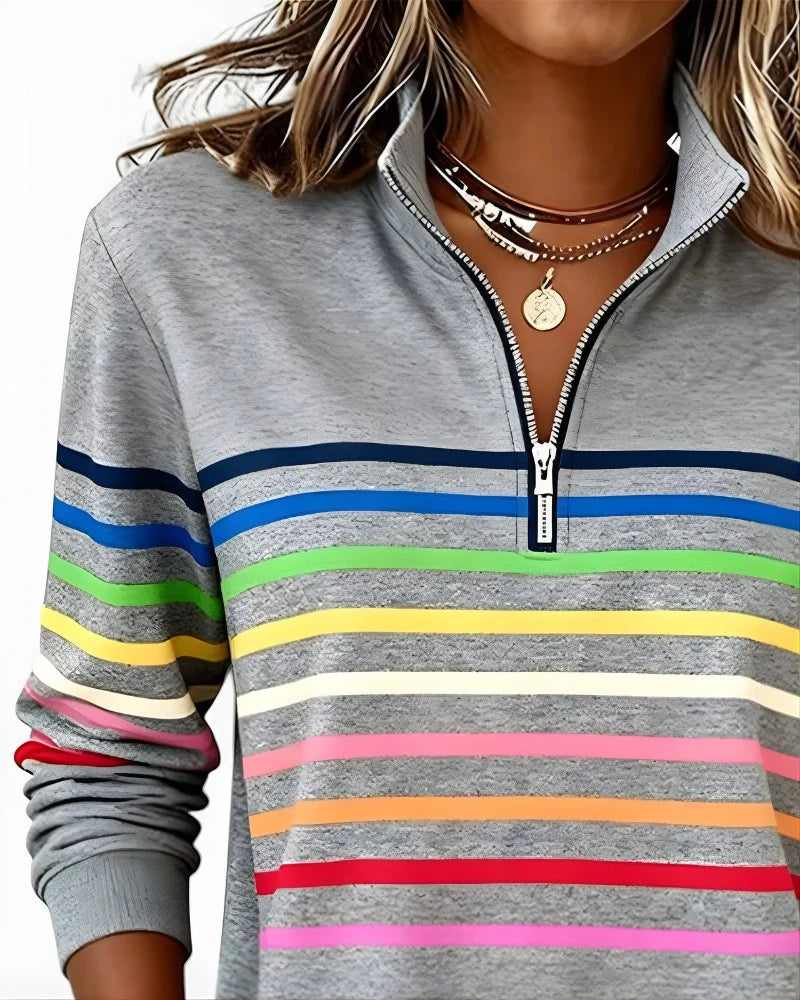 Quarter-Zip Sweater Rainbow Stripes Ribbed Cuffs & Hem