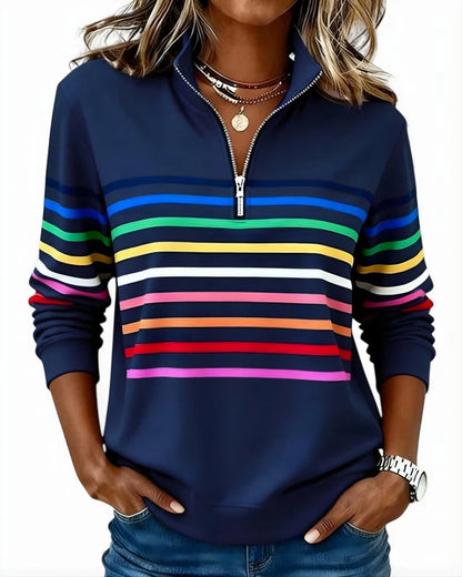 Quarter-Zip Sweater Rainbow Stripes Ribbed Cuffs & Hem