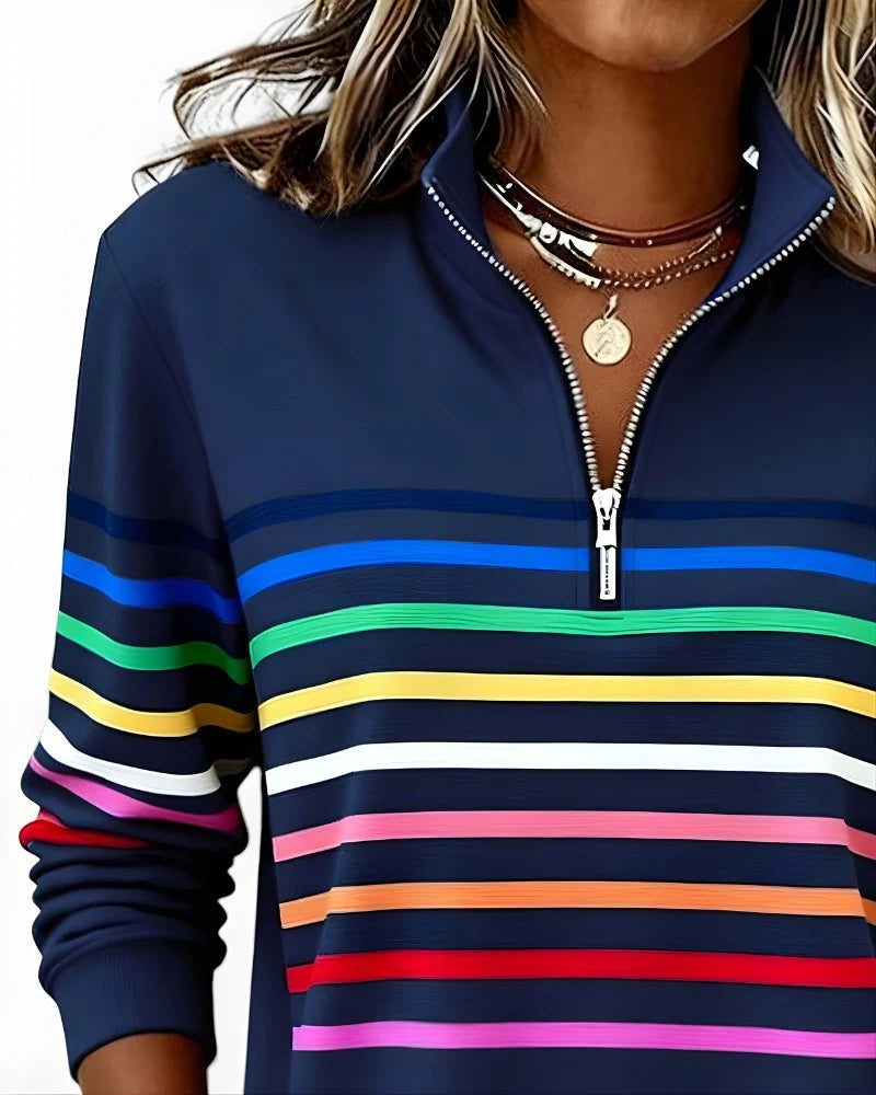 Quarter-Zip Sweater Rainbow Stripes Ribbed Cuffs & Hem