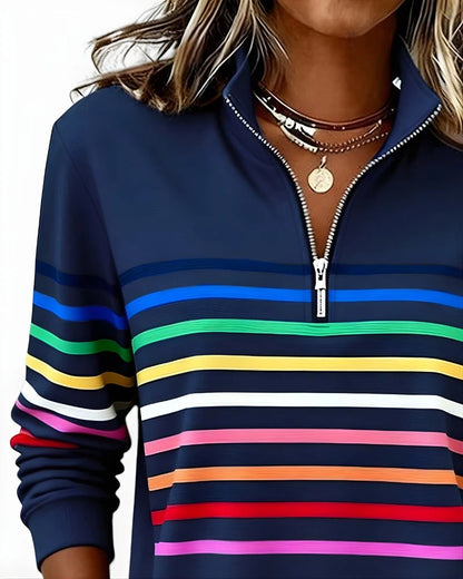 Quarter-Zip Sweater Rainbow Stripes Ribbed Cuffs & Hem