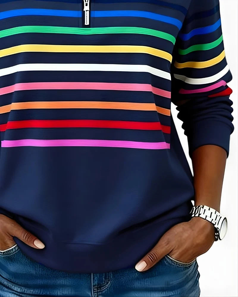 Quarter-Zip Sweater Rainbow Stripes Ribbed Cuffs & Hem