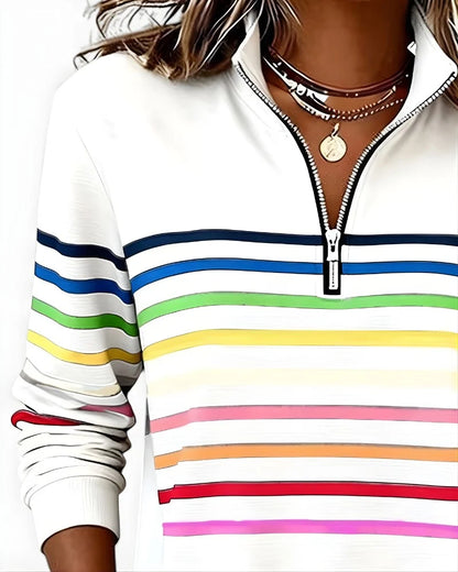 Quarter-Zip Sweater Rainbow Stripes Ribbed Cuffs & Hem