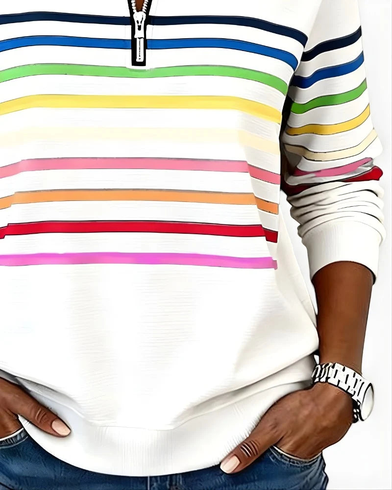 Quarter-Zip Sweater Rainbow Stripes Ribbed Cuffs & Hem