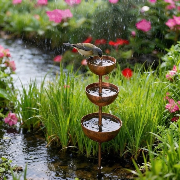 Rain Catcher Stake 3-Tier Weather-Resistant Metal & Rust Patina