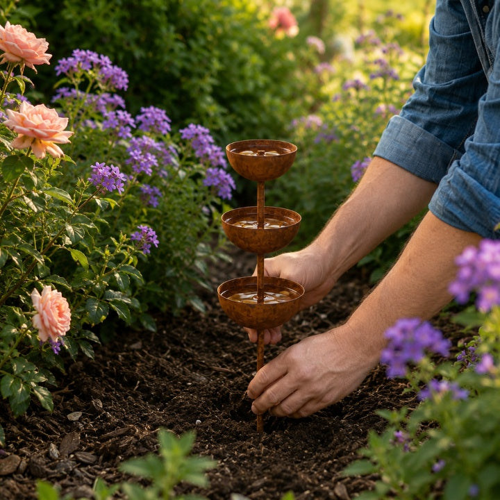 Rain Catcher Stake 3-Tier Weather-Resistant Metal & Rust Patina