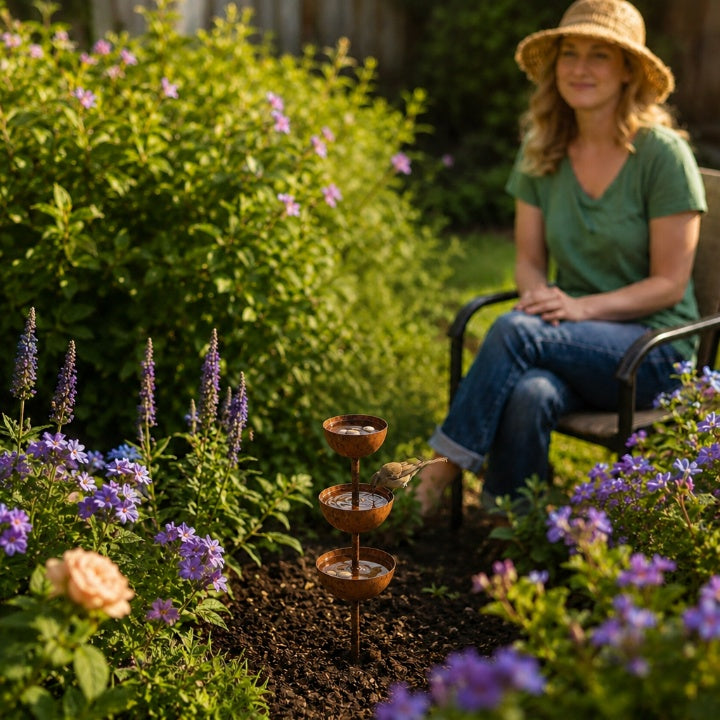 Rain Catcher Stake 3-Tier Weather-Resistant Metal & Rust Patina