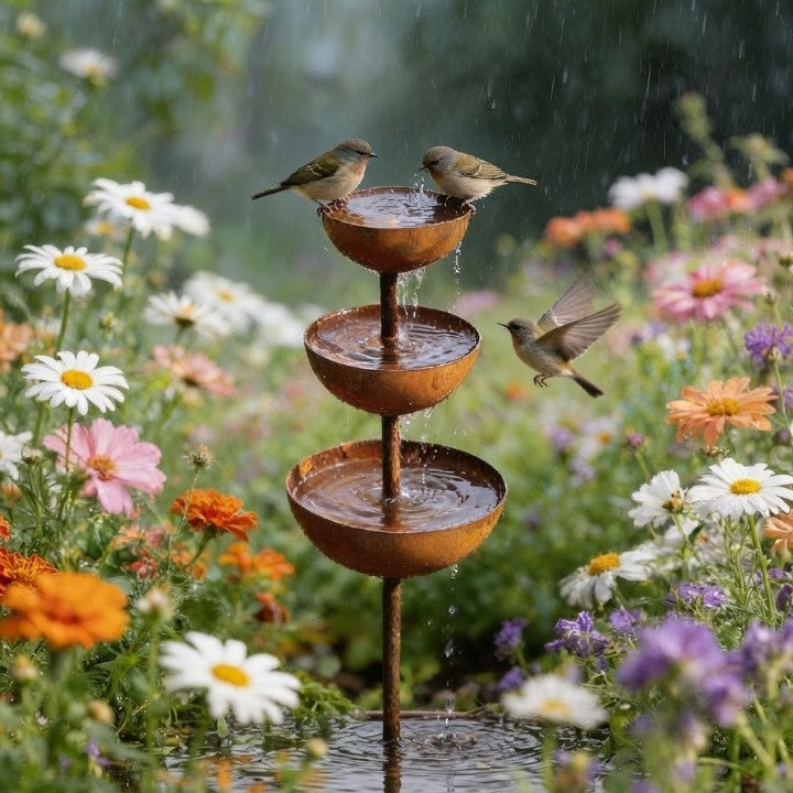 Rain Catcher Stake 3-Tier Weather-Resistant Metal & Rust Patina