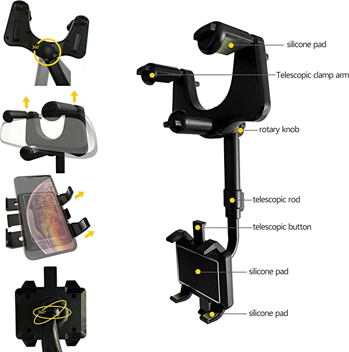 Rearview Mirror Phone Holder Rotatable & Extendable Arm
