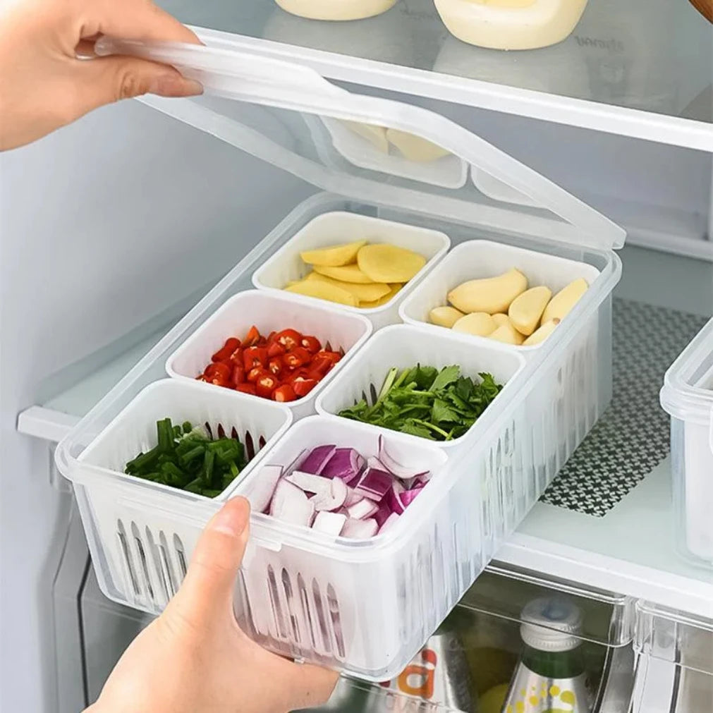 Refrigerator Organizer Box 6 Compartments Drainage Tray & Lid