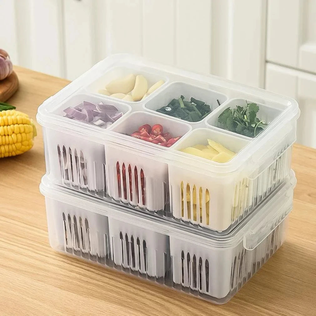 Refrigerator Organizer Box 6 Compartments Drainage Tray & Lid