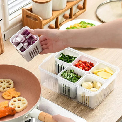 Refrigerator Organizer Box 6 Compartments Drainage Tray & Lid
