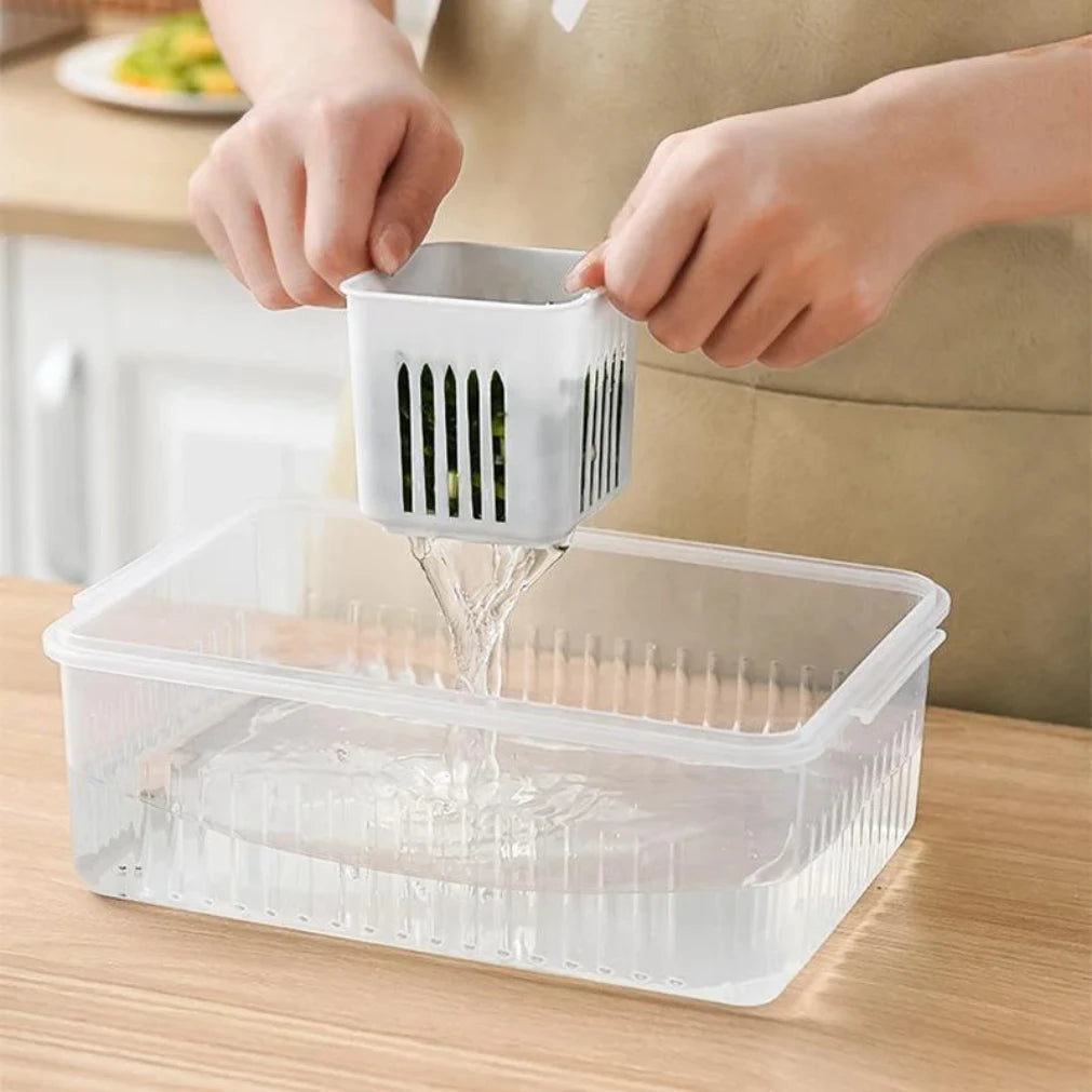Refrigerator Organizer Box 6 Compartments Drainage Tray & Lid