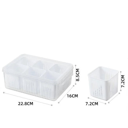 Refrigerator Organizer Box 6 Compartments Drainage Tray & Lid
